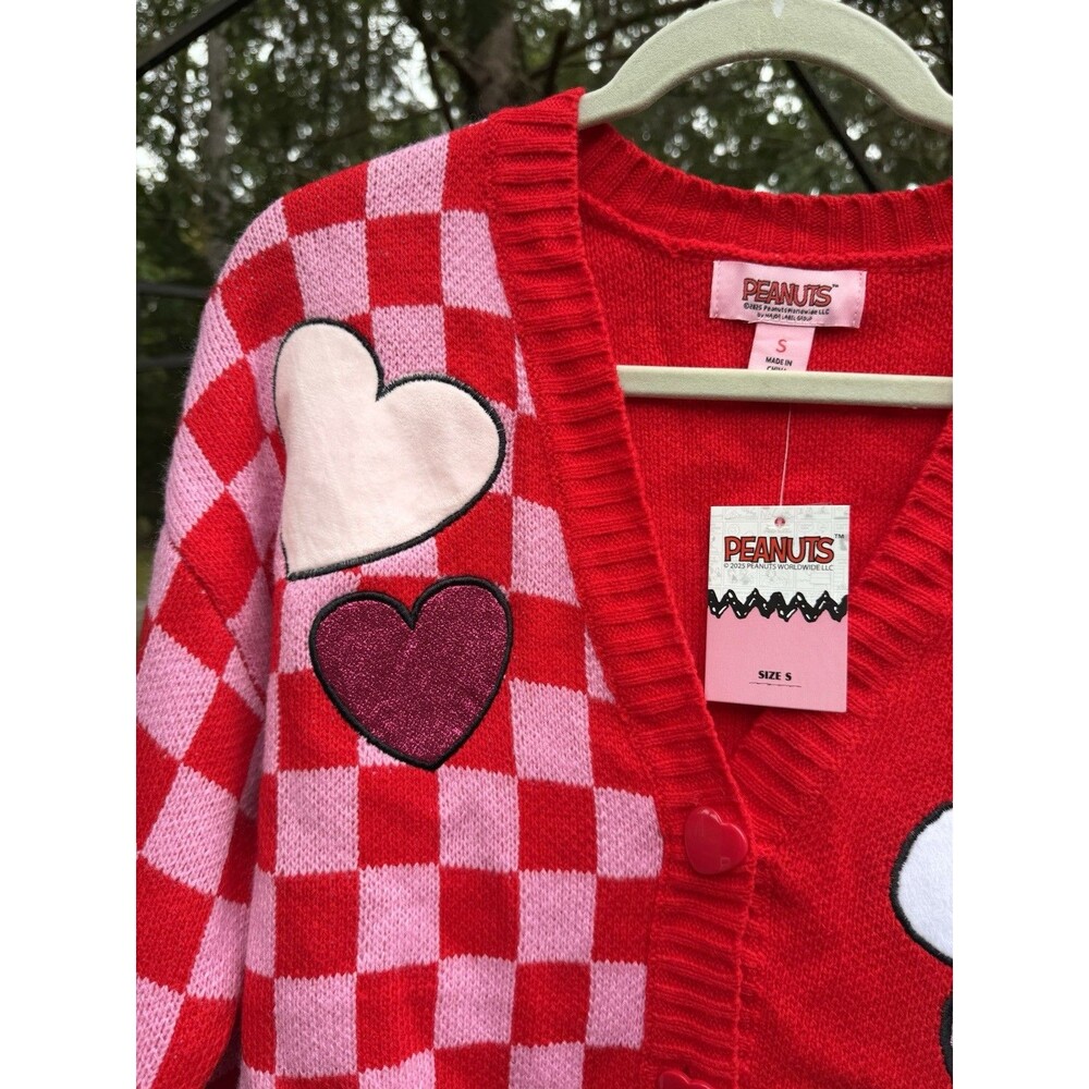 Peanuts Snoopy Heart Check Knit Cardigan Sweater Acrylic V-Neck S NWT - Picture 2 of 9